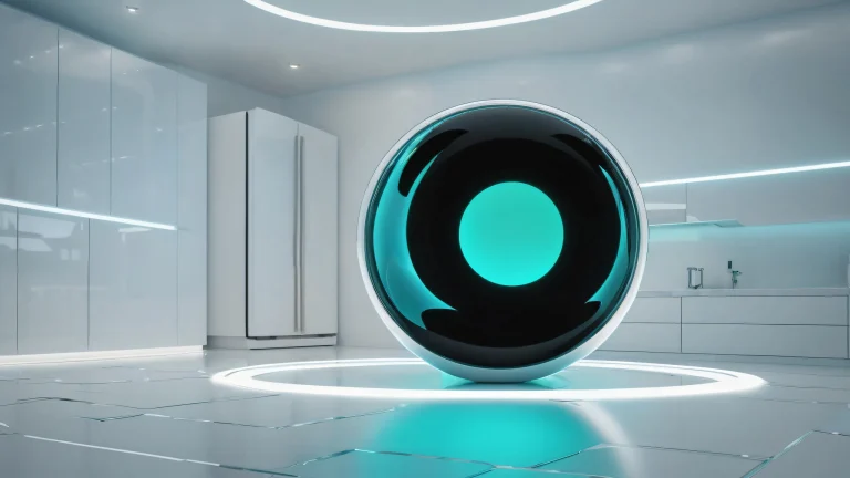 A futuristic digital art piece of a black hole feline amidst a clean vast pure void, with a hint of a kitchen setting in the distance on a desktop/pc.
