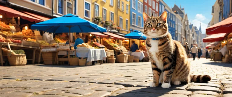 A whimsical desktop wallpaper featuring a tabby cat surrounded by a vibrant Dutch street market scene, Perfekt für Ihren Desktop/PC.