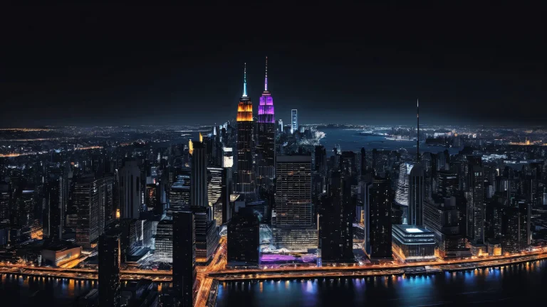 A stunning dark mode desktop wallpaper featuring a vast cityscape against a deep void, parfait pour votre PC ou ordinateur de bureau/PC.