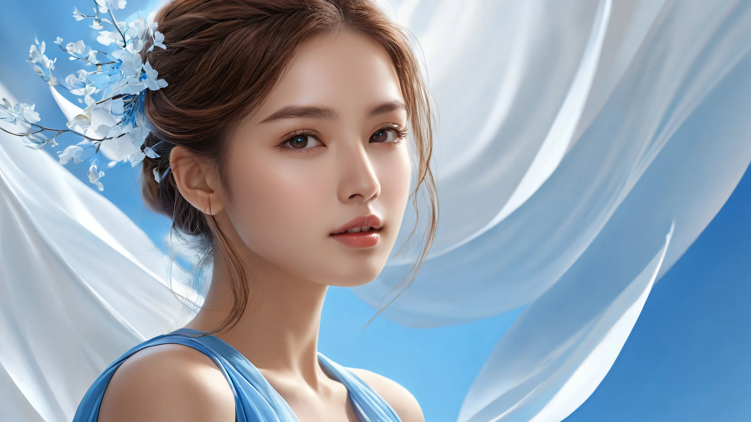 Woman amidst a vast, pure void on a desktop or PC, featuring ethereal lighting and radiant colors.