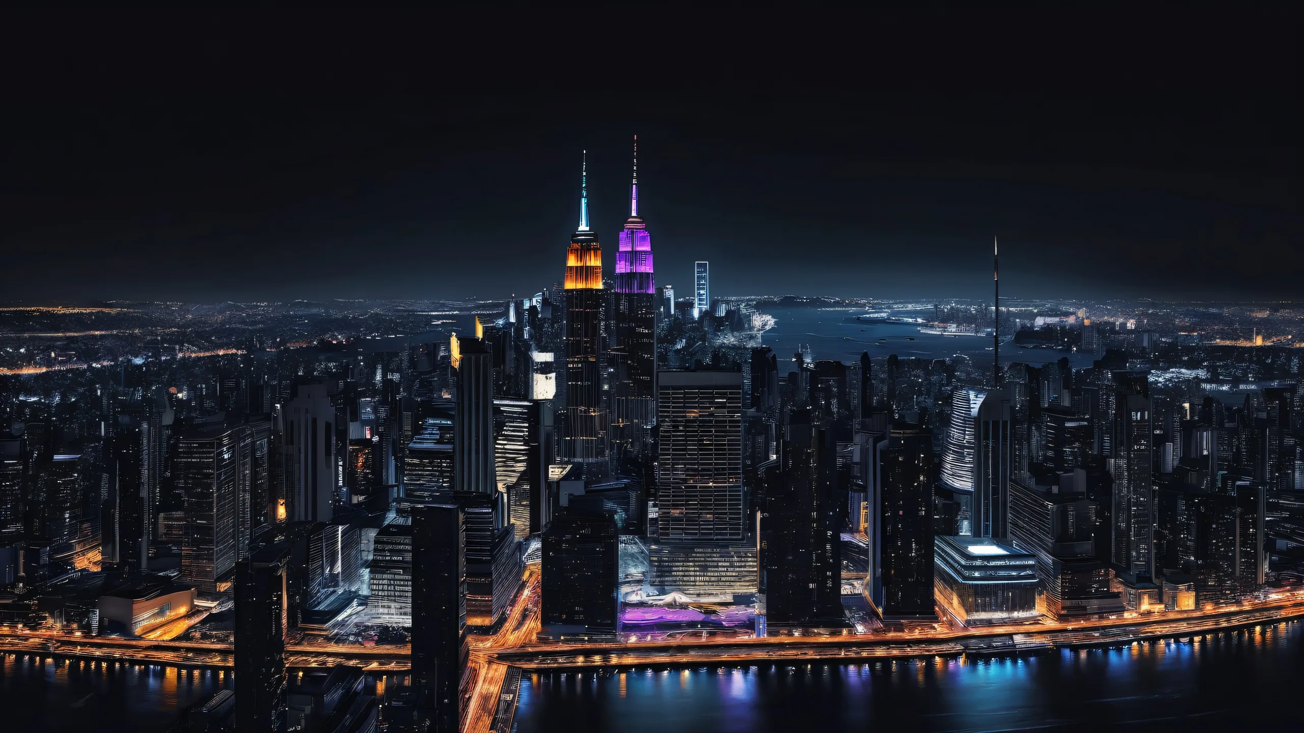 A stunning dark mode desktop wallpaper featuring a vast cityscape against a deep void, perfect for your PC or Desktop/PC.
