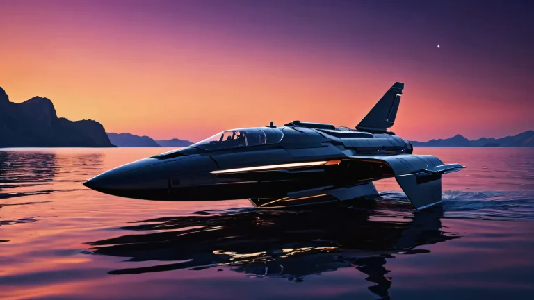 Spaceship standing in water against a deep blue and purple sky with sunset glow, perfect for desktop/pc