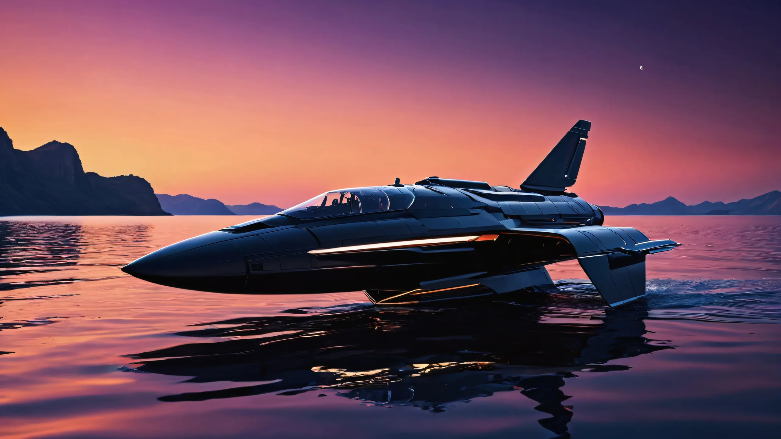 Spaceship standing in water against a deep blue and purple sky with sunset glow, perfect for desktop/pc
