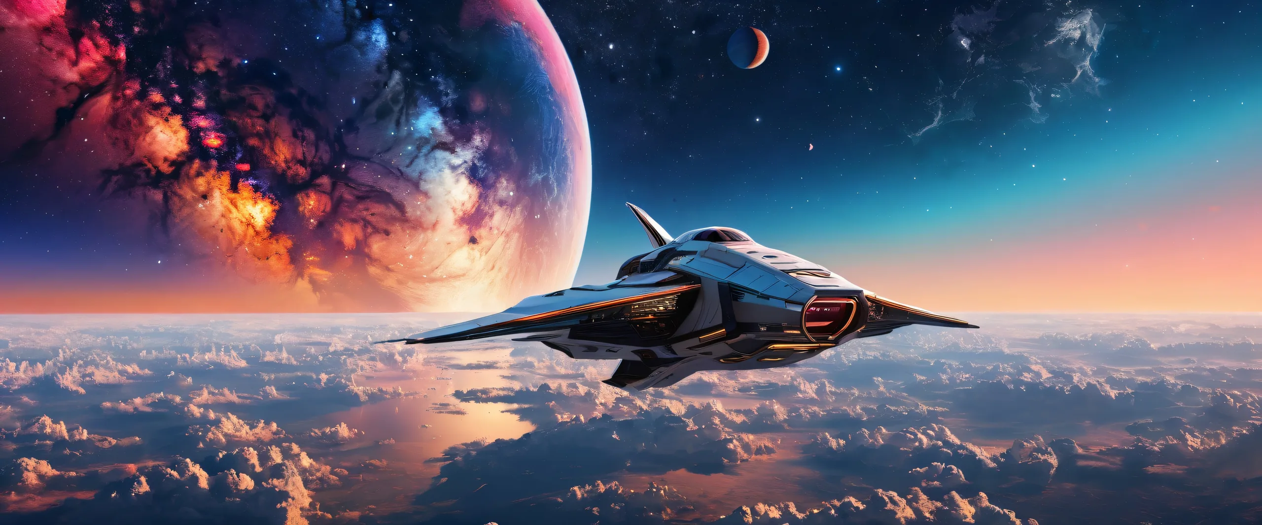 A stunning desktop wallpaper of a spaceship in deep space, suitable for a Desktop/PC