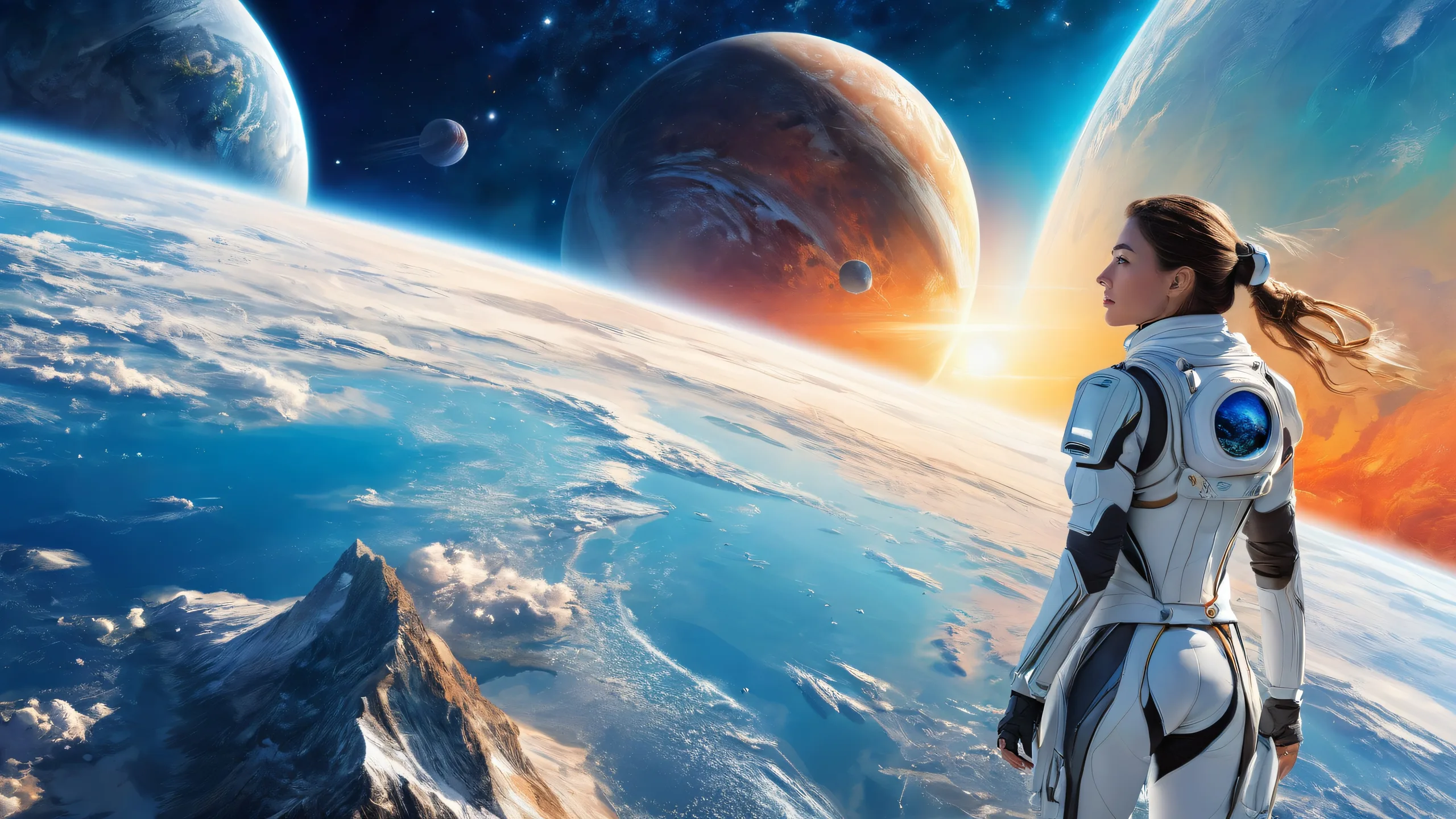 A stunning desktop wallpaper of Artemis 2 Mission featuring Christina Koch and women, with planet Earth in the background on a perfectly clean and vast pure void, ideal for Desktop/PC use.