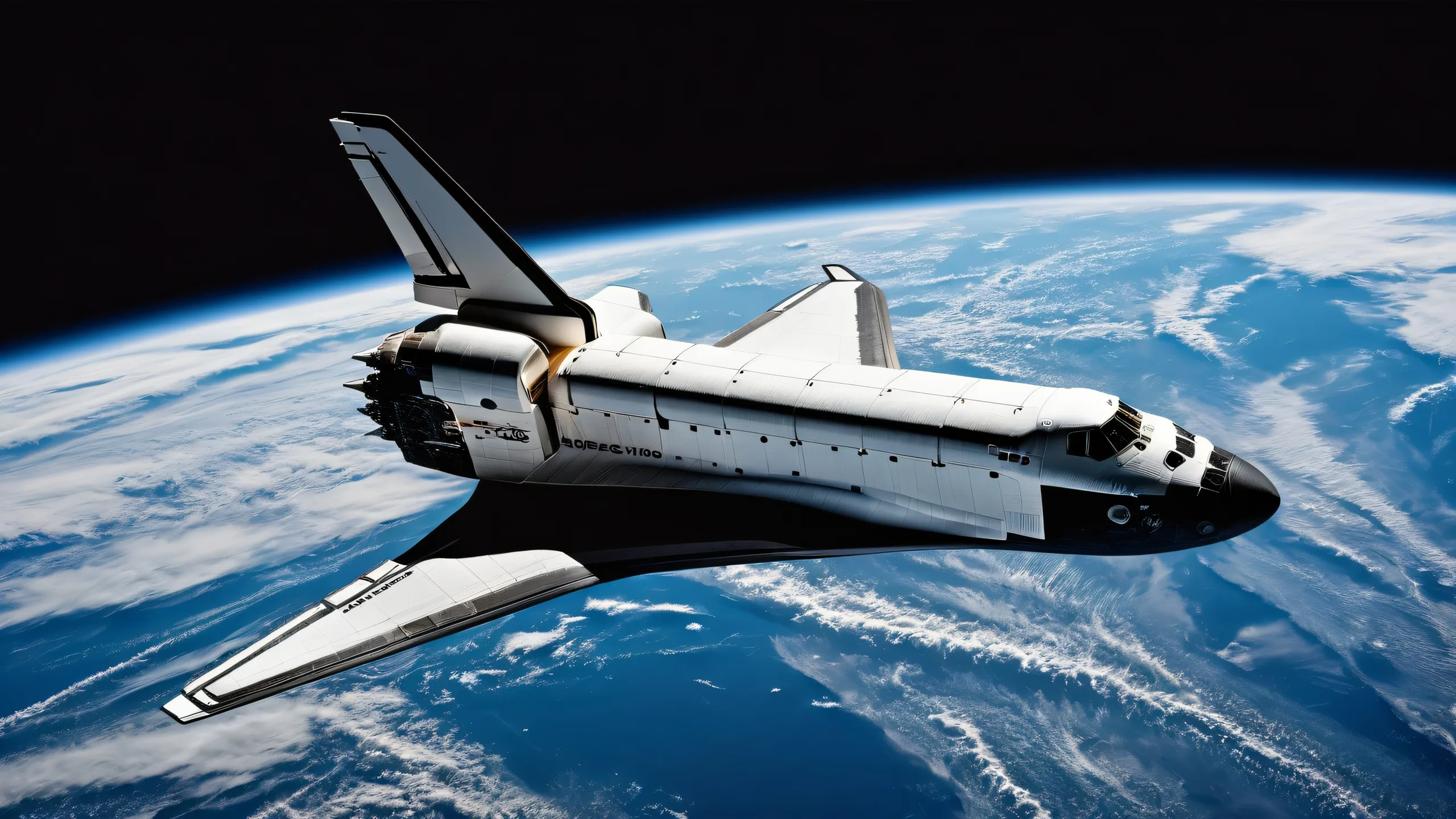4K Cosmic Odyssey in Dark Mode Desktop Background Desktop/PC with a stunning Space Shuttle background featuring deep blacks and luminescent accents.