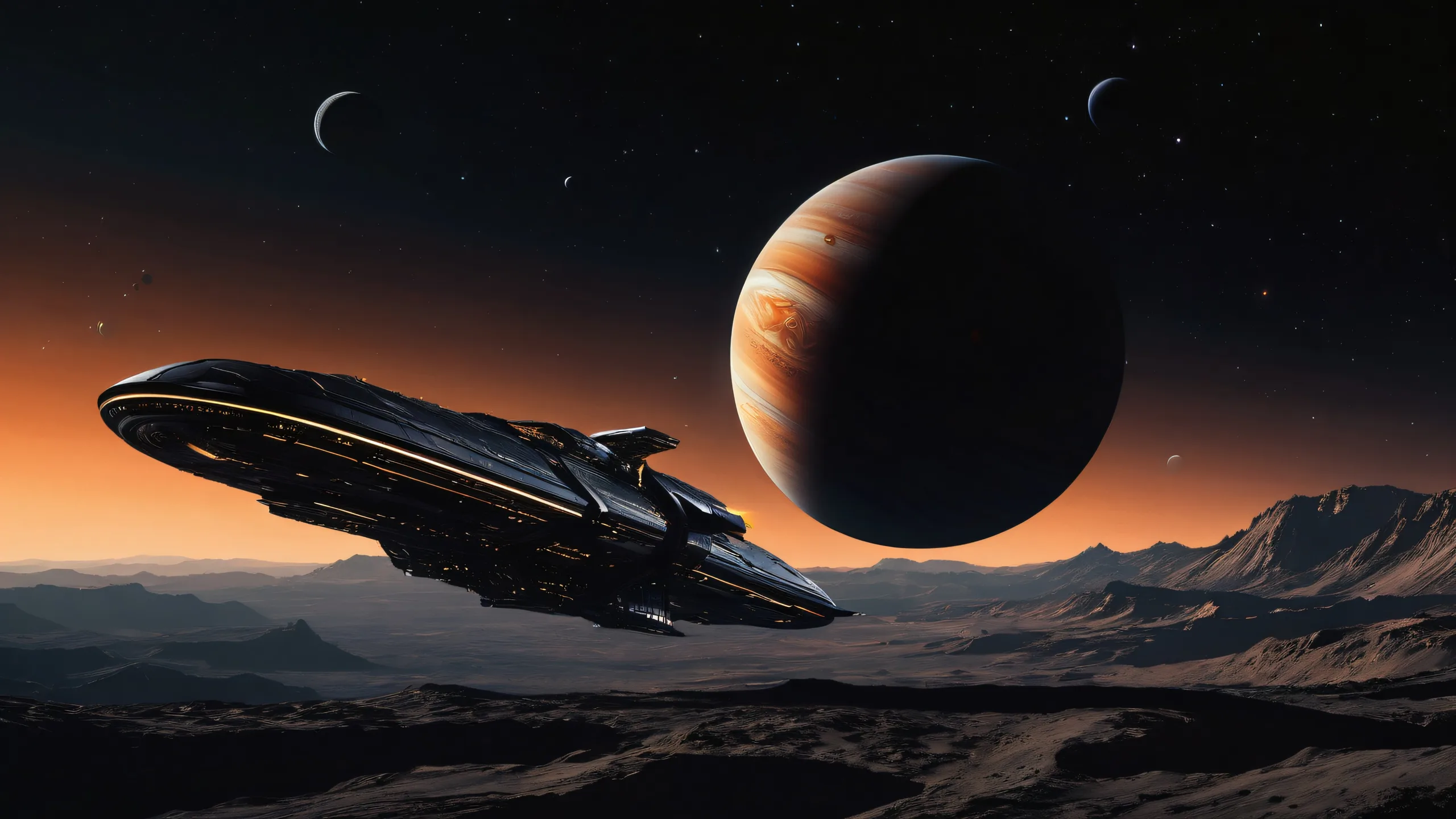 A spaceship adorns the desktop against a stunning gas giant backdrop, perfect for your PC or laptop.