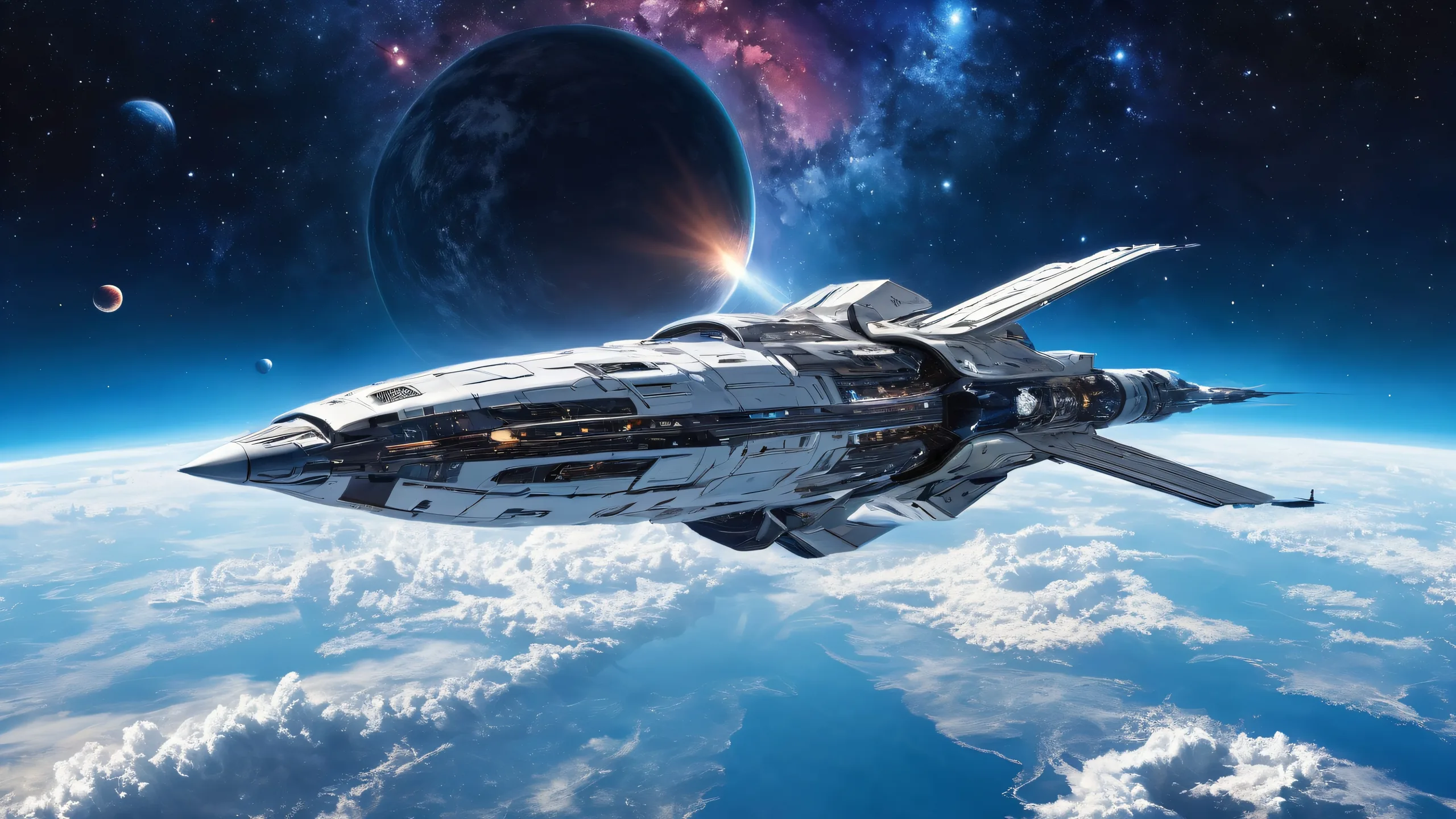 A stunning desktop wallpaper of a spaceship in deep space, perfect for PCs and laptops.