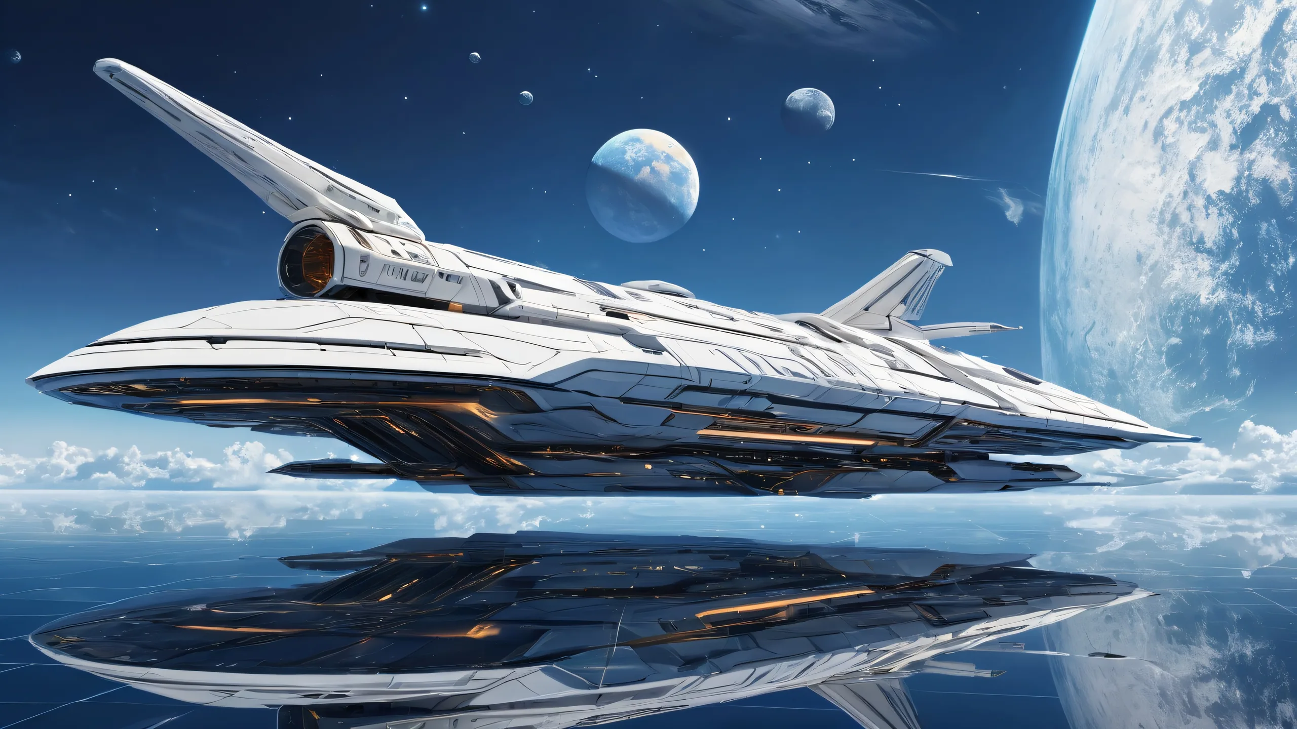 A breathtaking desktop wallpaper of a spaceship floating in a vast, pure void on a Desktop/PC.