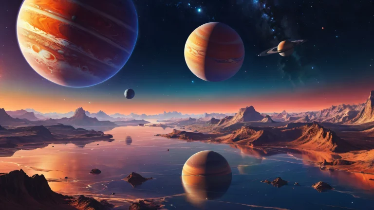 Desktop/PC wallpaper featuring stunning planets in a vast void with starlight and radiant colors, ideal for 16:9 monitors.