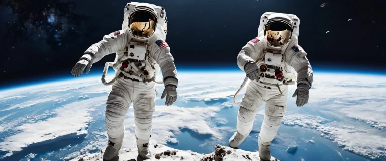 A breathtaking desktop wallpaper of an astronaut standing in a vast pure void against the backdrop of stars and planets on a desktop/pc.