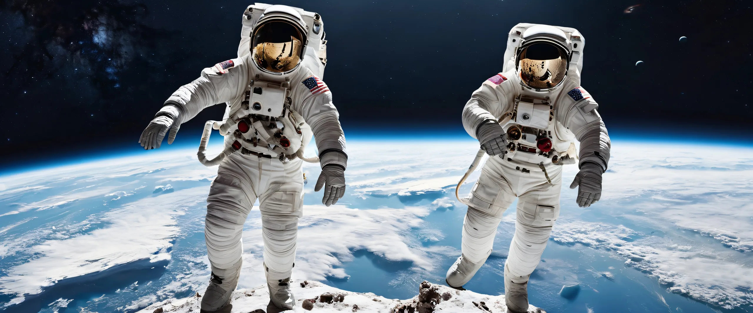 A breathtaking desktop wallpaper of an astronaut standing in a vast pure void against the backdrop of stars and planets on a desktop/pc.