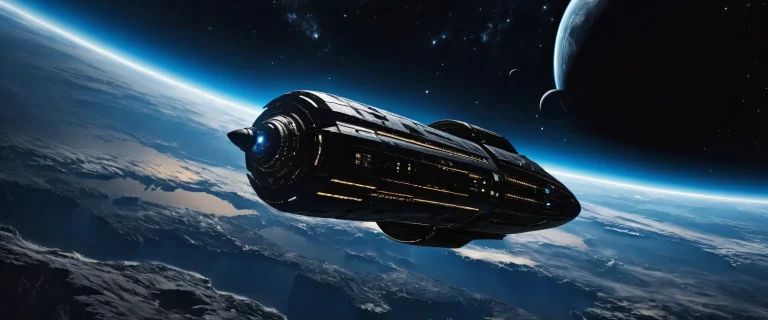 A stunning desktop wallpaper featuring a spaceship in a vast pure void with planetary rings and stars, perfect for your PC or Desktop.