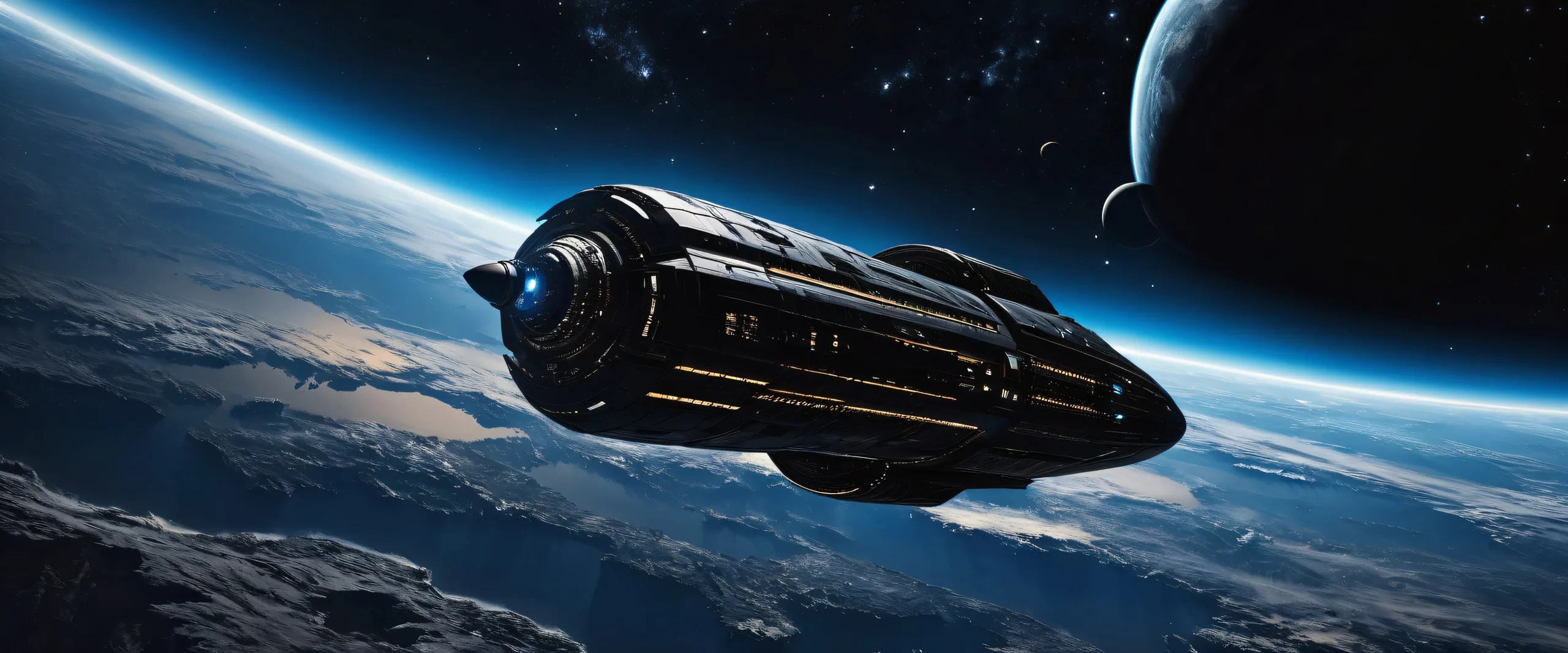 A stunning desktop wallpaper featuring a spaceship in a vast pure void with planetary rings and stars, perfect for your PC or Desktop.