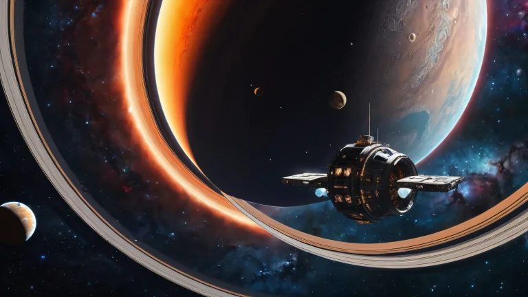 Stunning desktop wallpaper featuring spacecraft and planetary rings against a pristine void, perfect for your Desktop/PC.