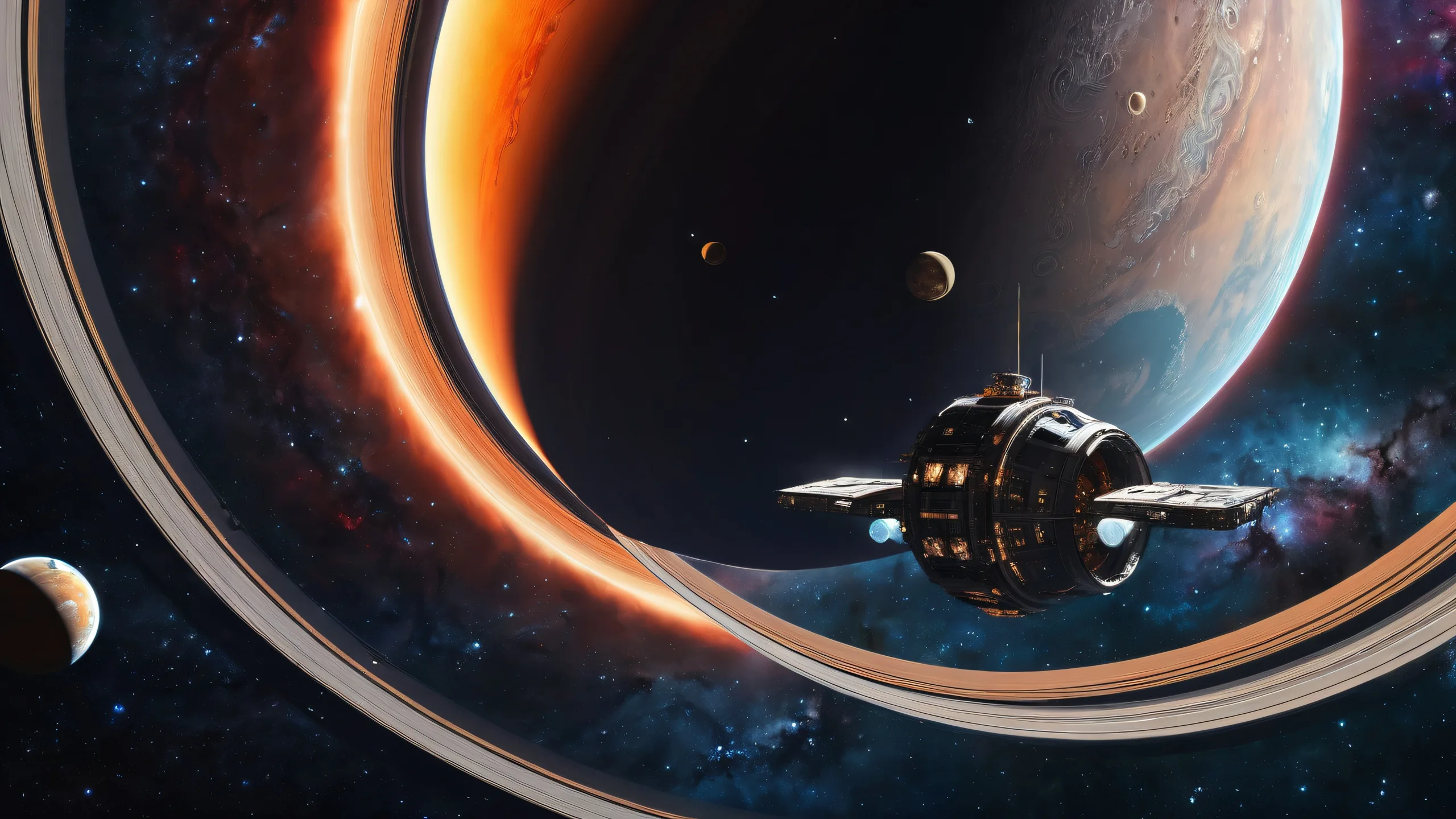 Stunning desktop wallpaper featuring spacecraft and planetary rings against a pristine void, perfect for your Desktop/PC.