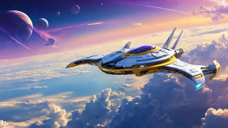 A breathtaking desktop wallpaper of a spaceship against a vast pure void with clouds and sunlight. Suitable for a Desktop/PC background.