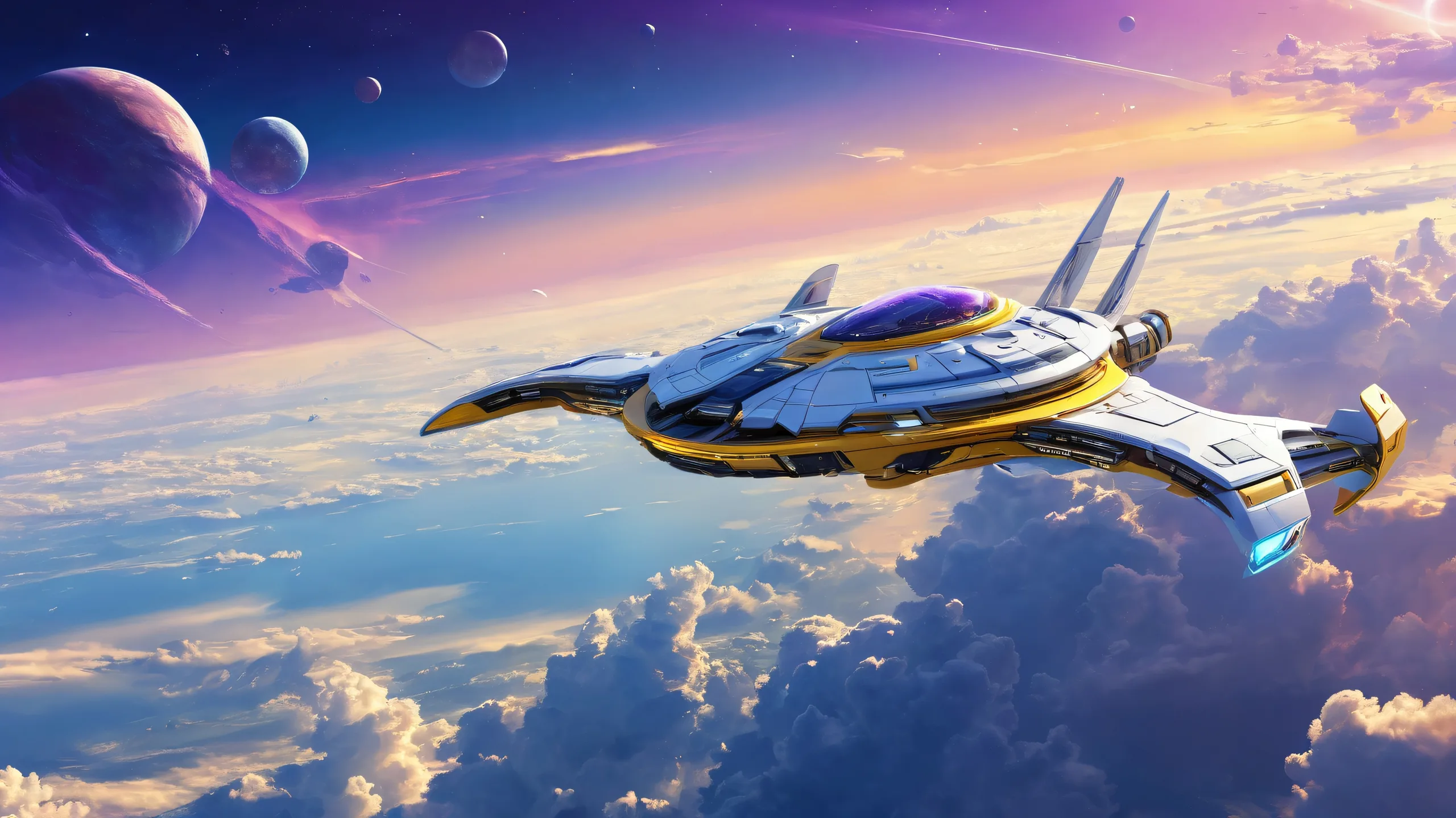 A breathtaking desktop wallpaper of a spaceship against a vast pure void with clouds and sunlight. Suitable for a Desktop/PC background.