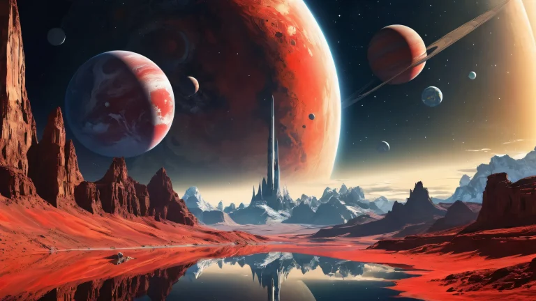 Ethereal desktop scene featuring spacecraft and distant planets on a perfectly clean void background for PC and Desktop use.