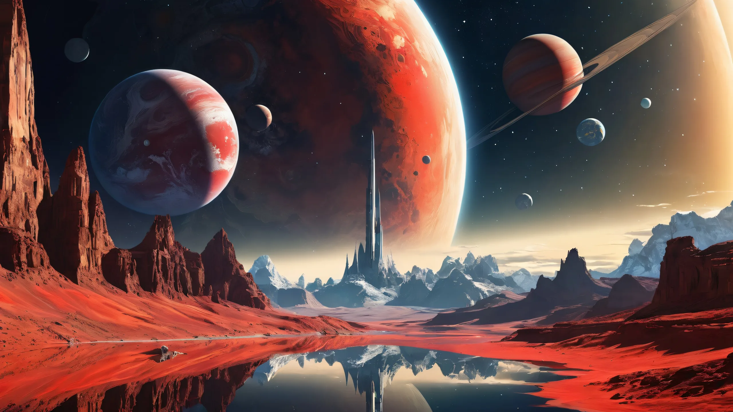 Stunning Cosmic Odyssey Unfolds Wallpaper Ethereal desktop scene featuring spacecraft and distant planets on a perfectly clean void background for PC and Desktop use.