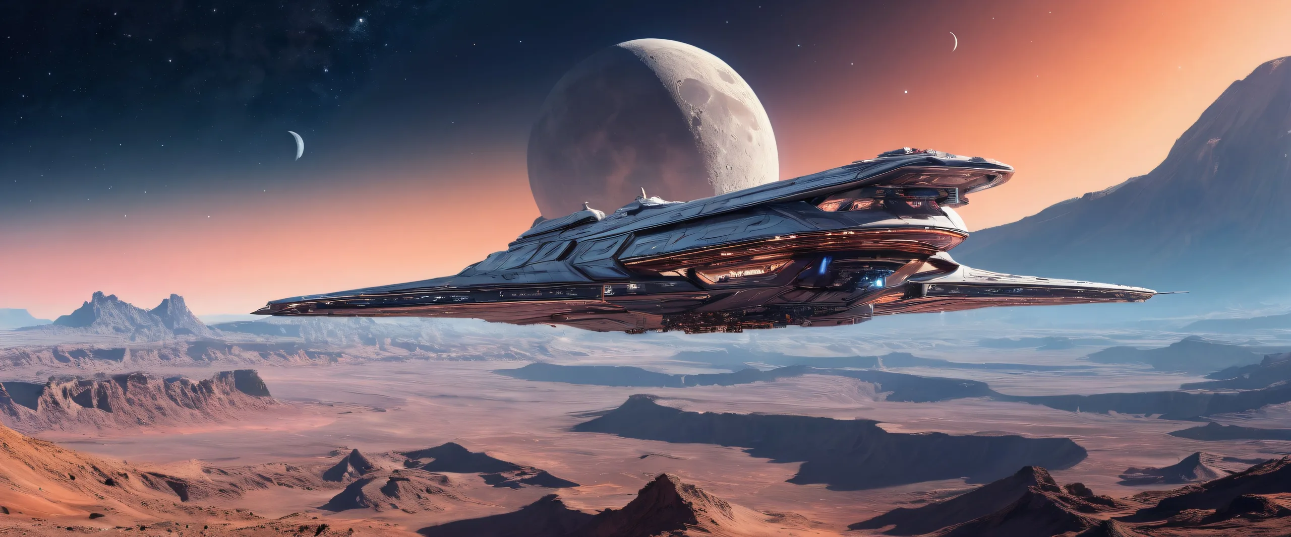 A beautifully rendered desktop image of a spaceship in a vast, pure void with a Moon crater in the distance, suitable for Desktop/PC.