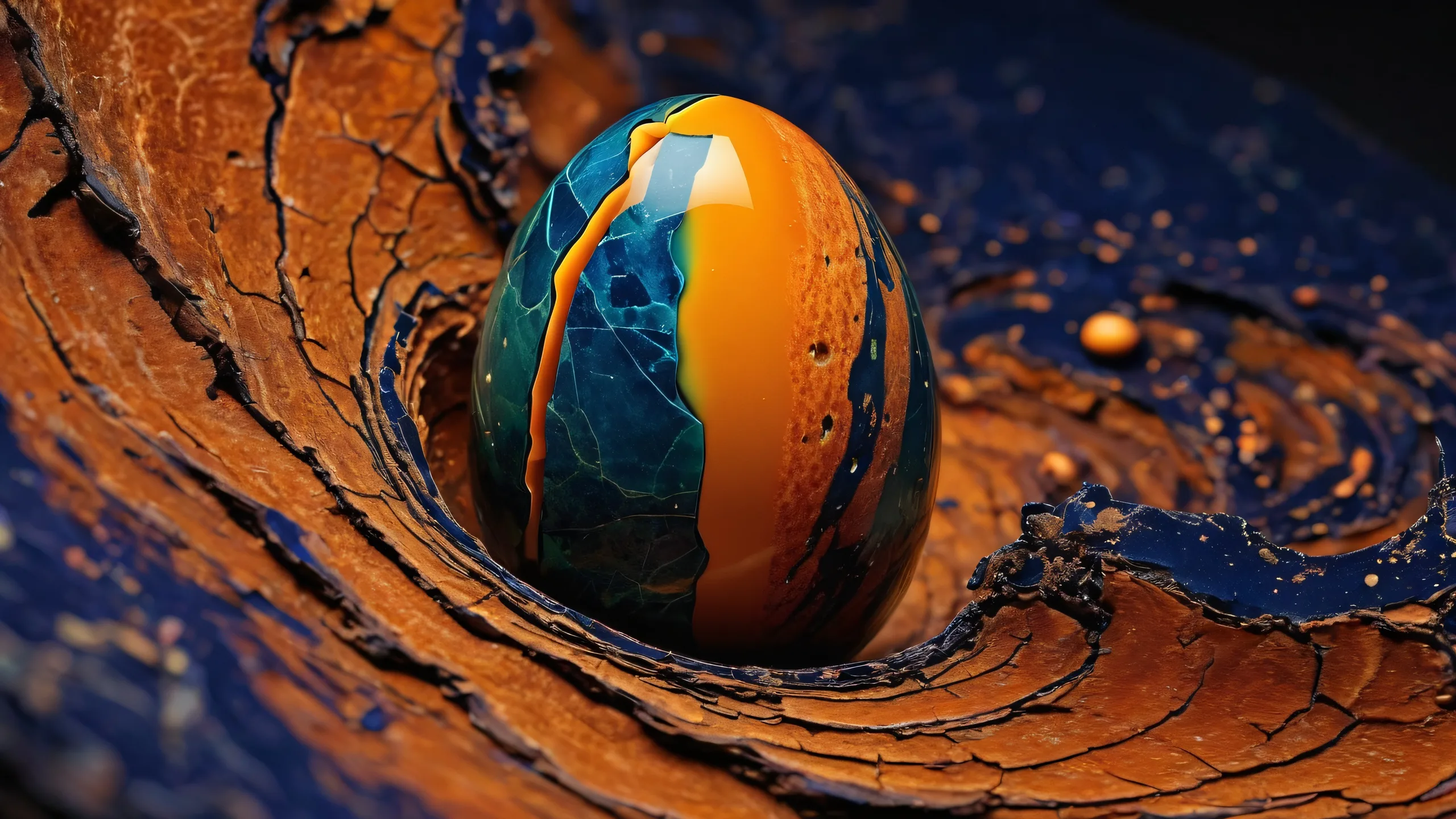 A cracked eggshell on a vast, dark blue-green void with a spiral galaxy background, perfect for a desktop or PC.