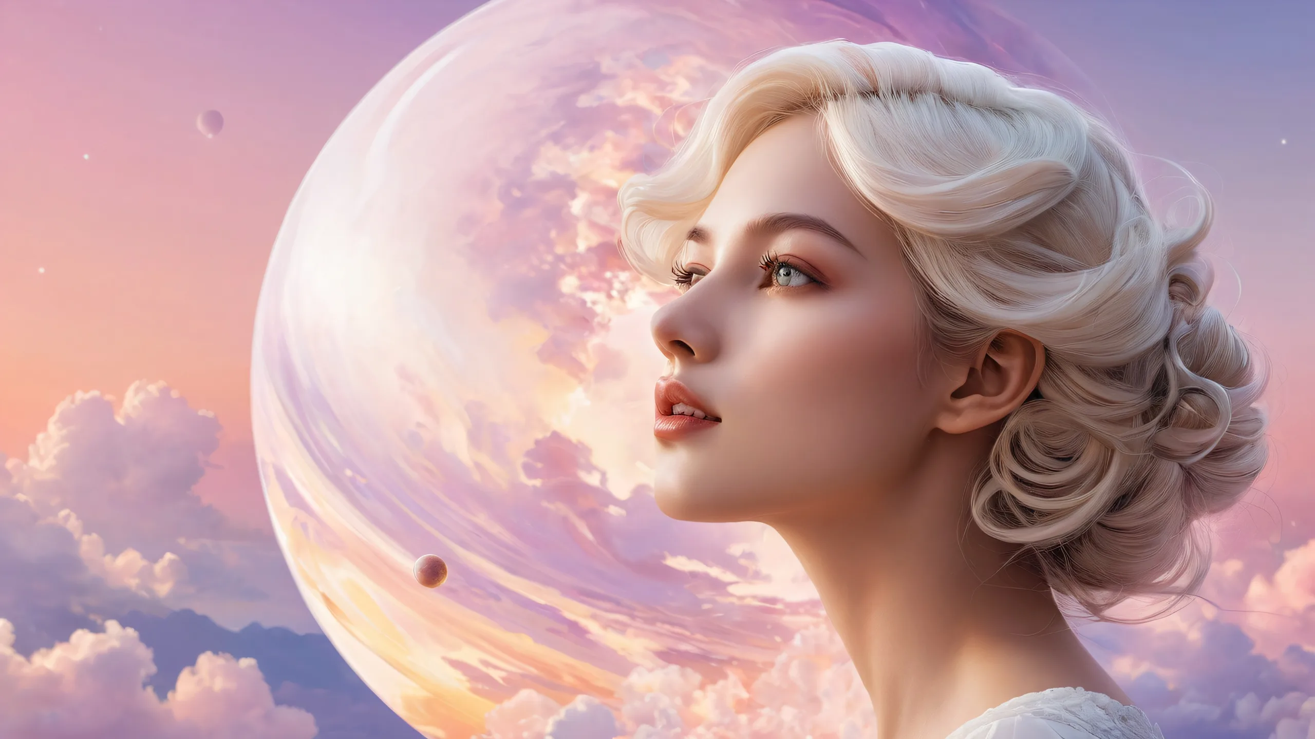 A breathtakingly serene desktop scene featuring a woman's head with a planetary sphere and luxurious background details for a clean and pure void, suitable for desktop/pc use.