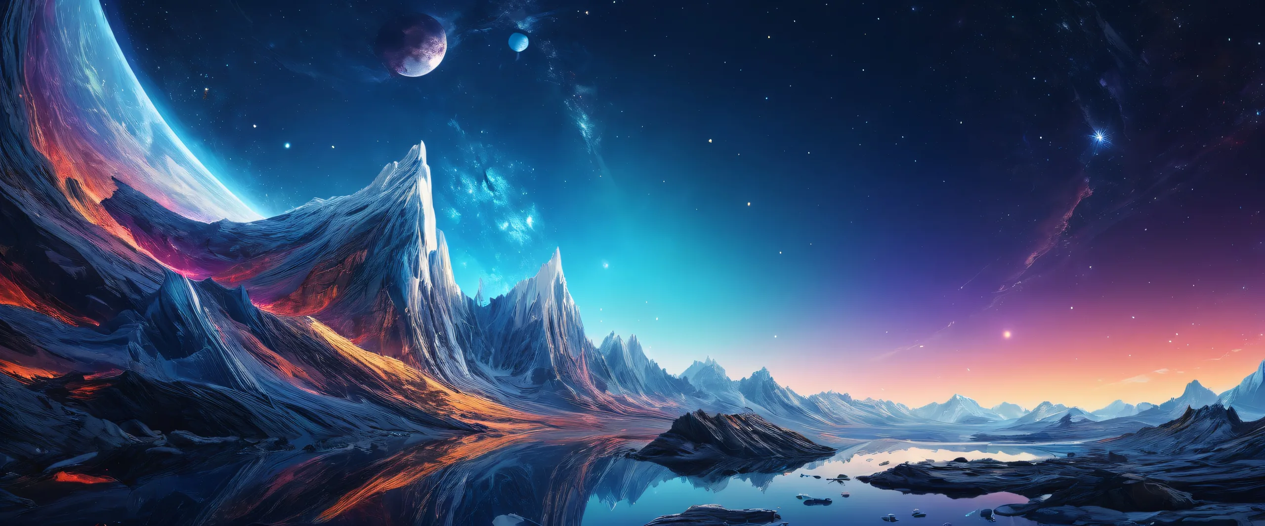 A stunning desktop wallpaper of the universe, featuring a vast pure void with radiant colors and ray traced reflections on a 21:9 ultrawide panoramic aspect ratio for Desktop/PC.