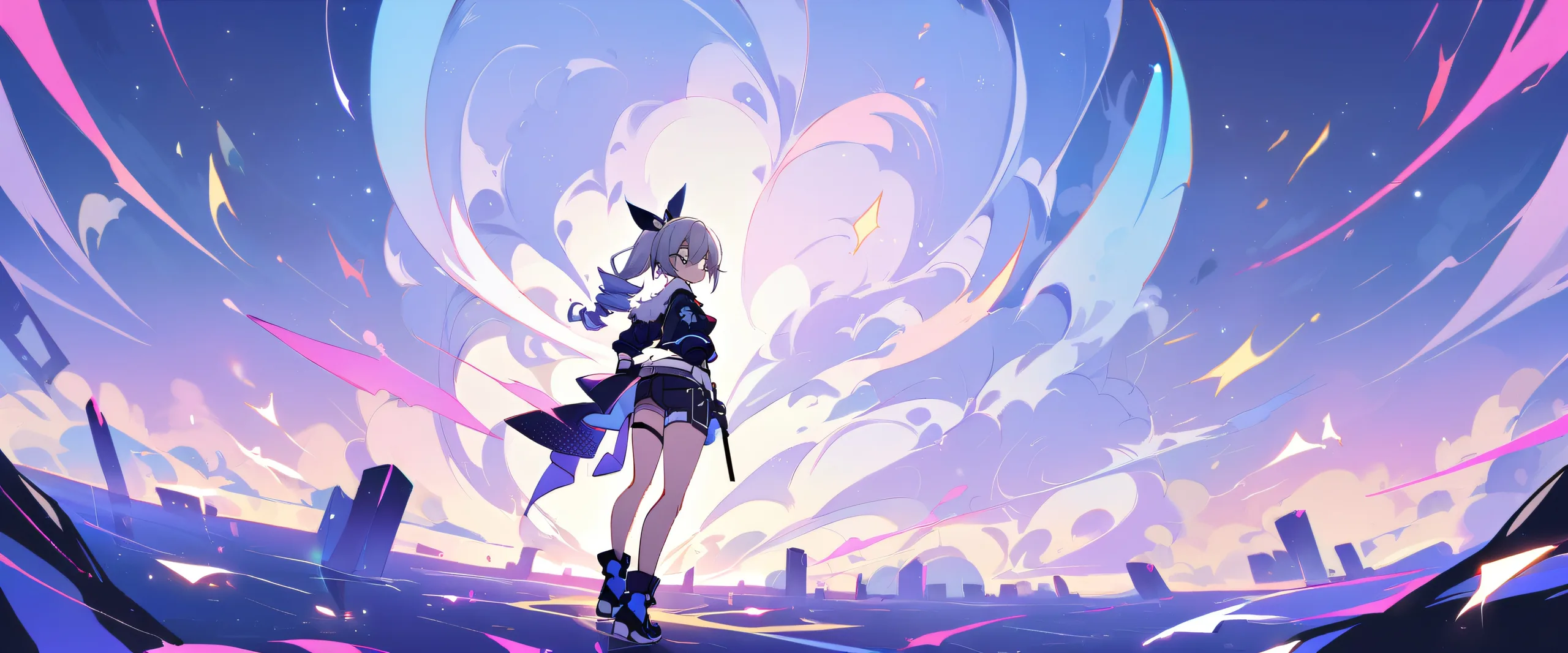 A solo anime girl gazes out at the viewer from a perfectly clean vast pure void, surrounded by bright and airy ethereal lighting and beautiful sky