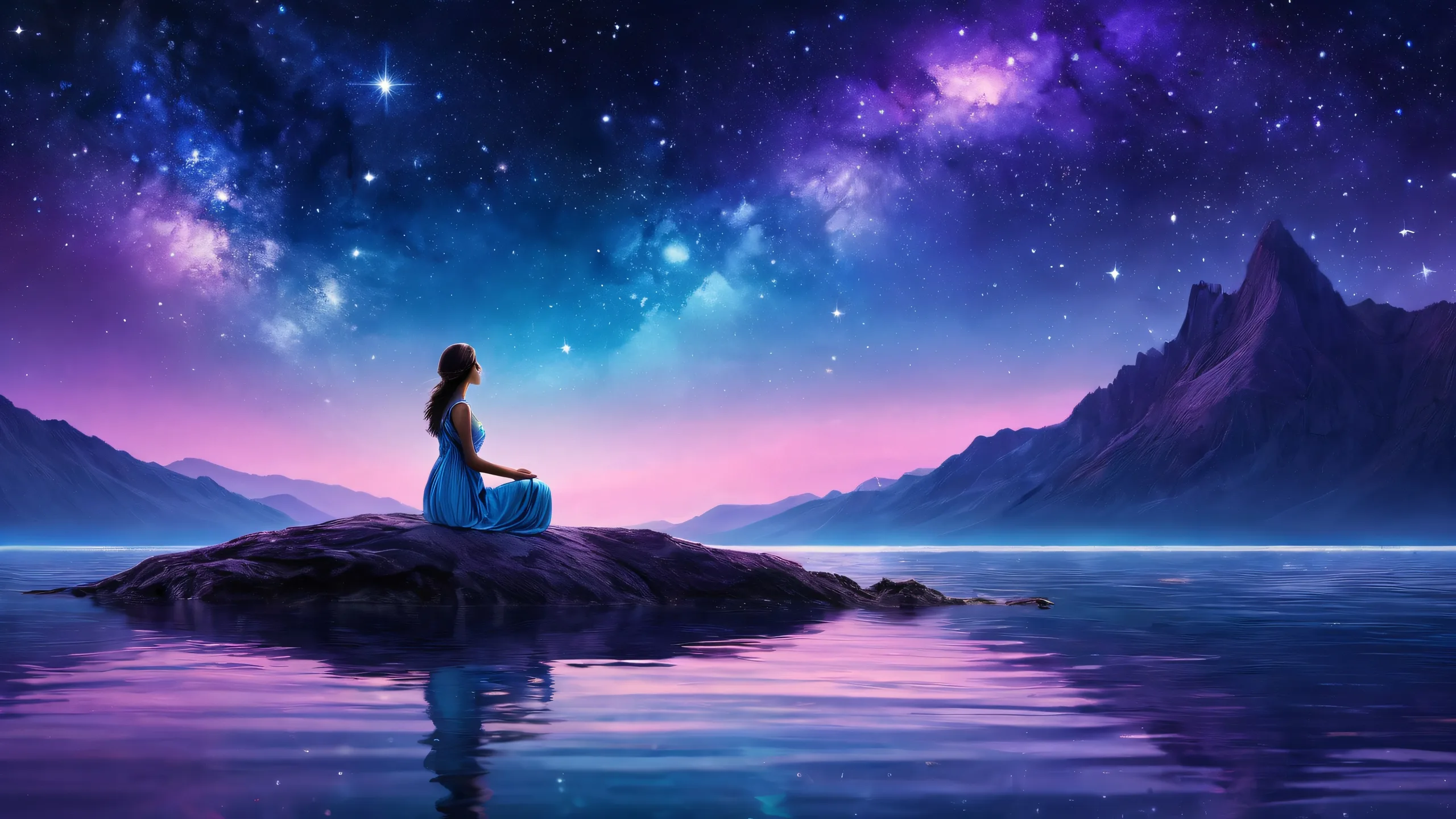 Desktop/PC wallpaper featuring women amidst a vast pure void with stars shining brightly against subtle blackness.