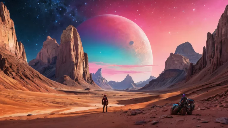 Viltrumita and Allen the Alien in a stunning desktop scene with stars shining bright on a pure void Desktop/PC