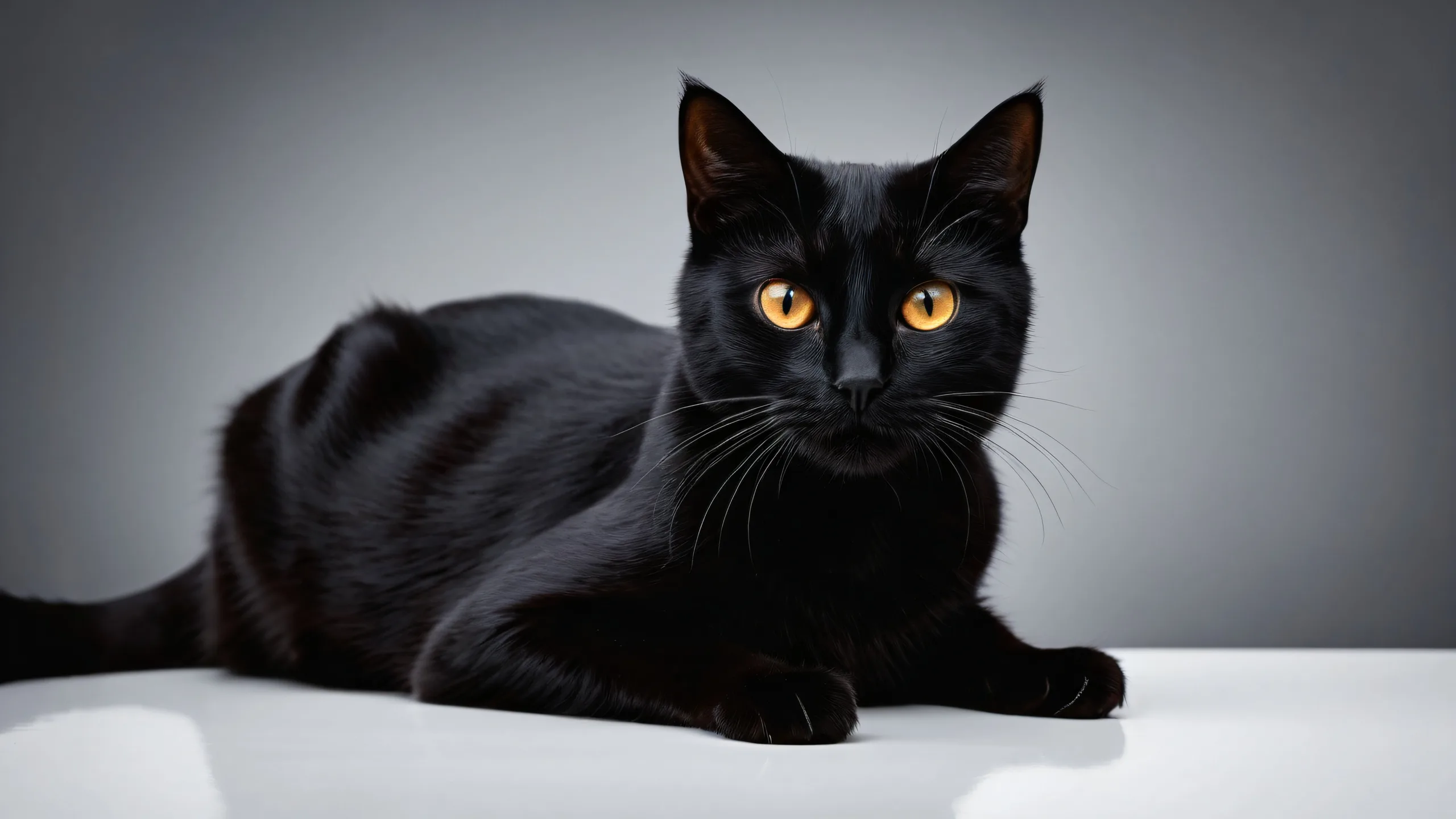 Black cat silhouette against a vast, pure void on a dark desktop/pc with sleek aesthetics and luminescent accents.