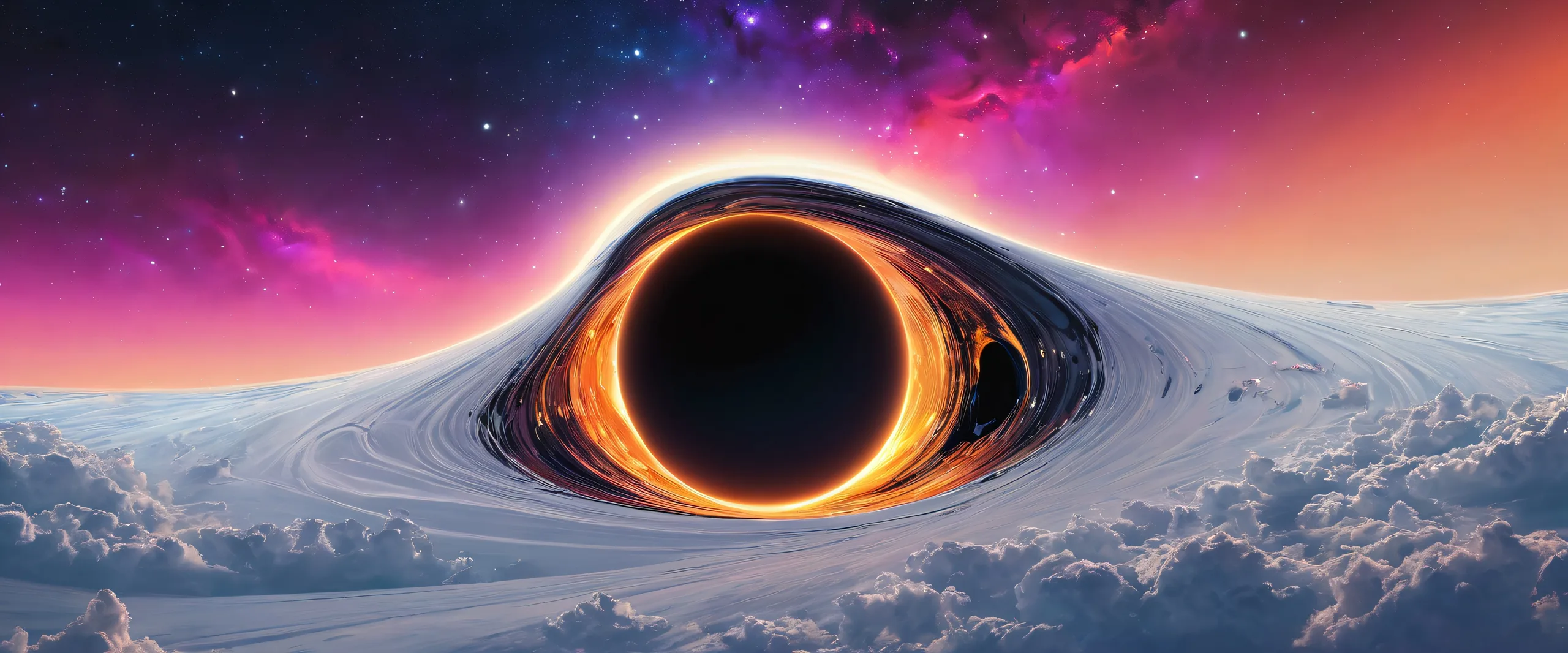 Desktop/PC wallpaper featuring Black Hole Cat in a stunning void landscape with ethereal lighting and brilliant colors.