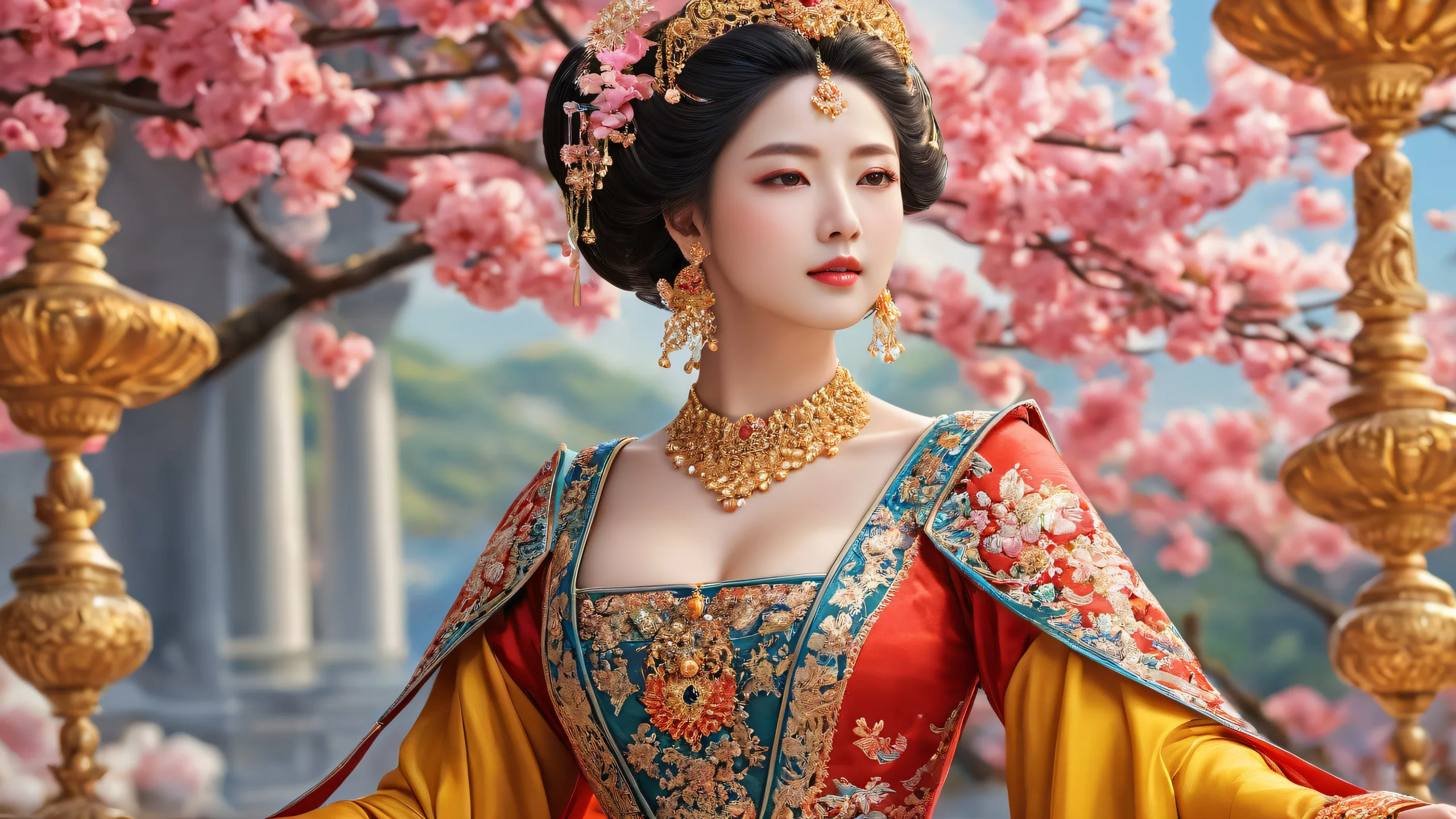 A serene and radiant fantasy scene for your desktop or PC, featuring a courtesan in a vast pure void with ethereal lighting.