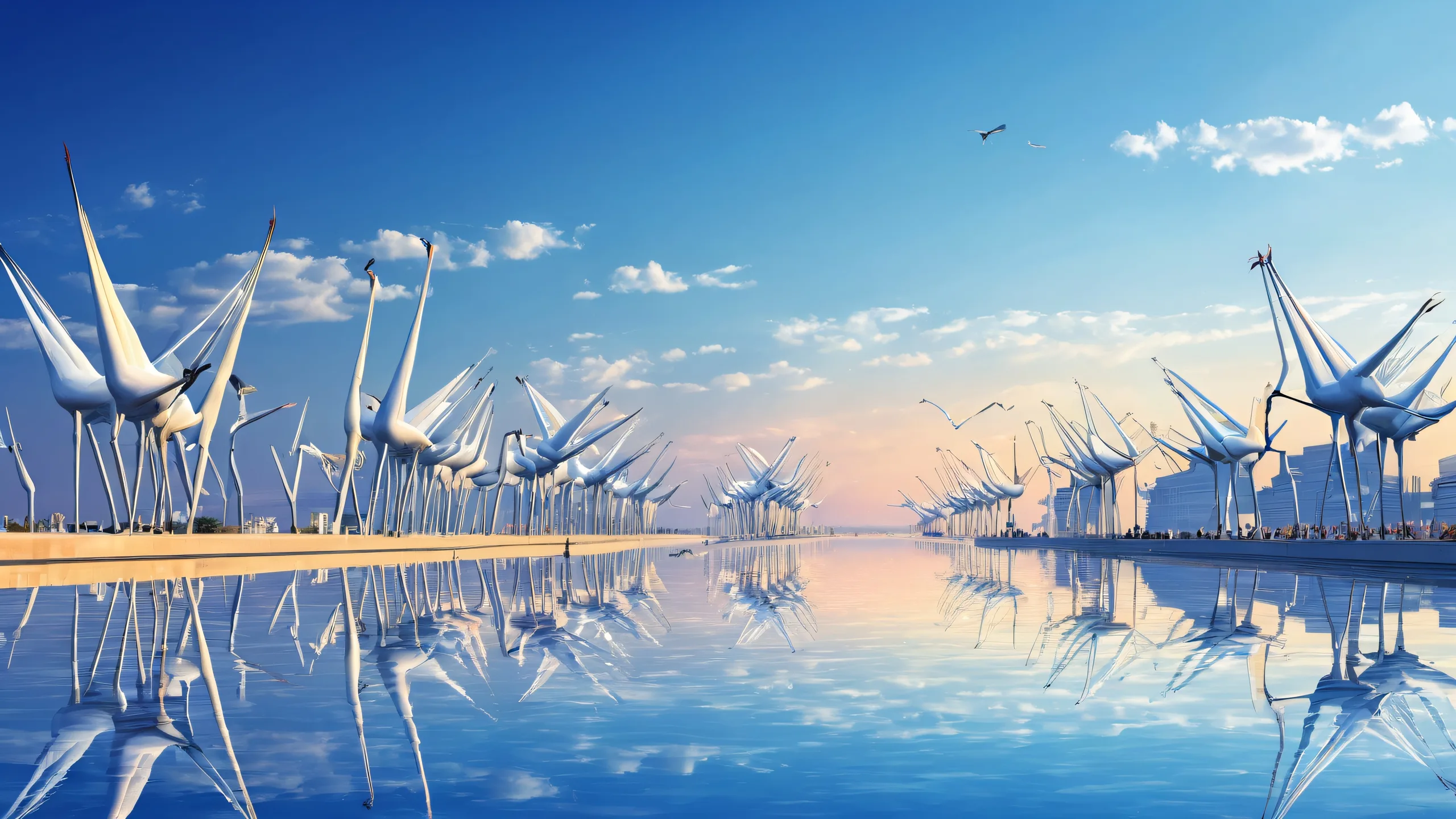 Ethereal Crane Oasis Aesthetic PC Wallpaper A beautiful desktop wallpaper featuring cranes in a vast, pure void with a simple sky background for your PC or Desktop.