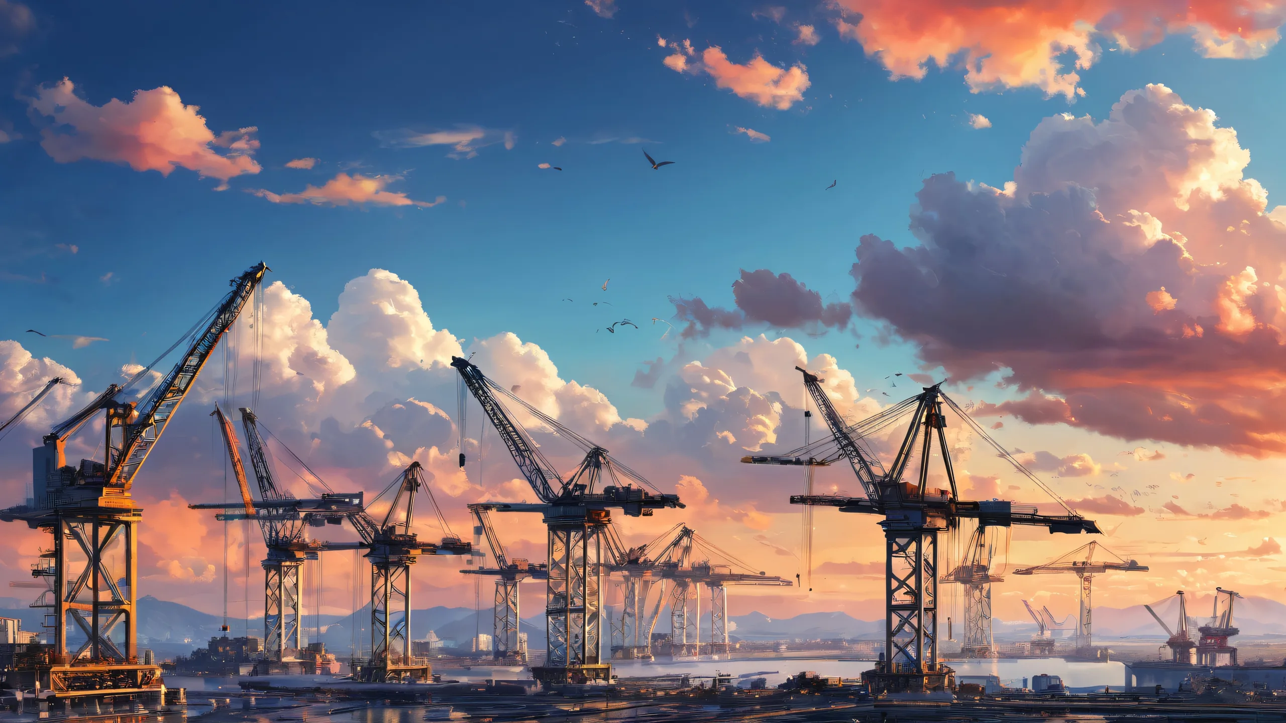 A stunning desktop wallpaper featuring cranes in a vast, pure void with clouds and ethereal lighting.