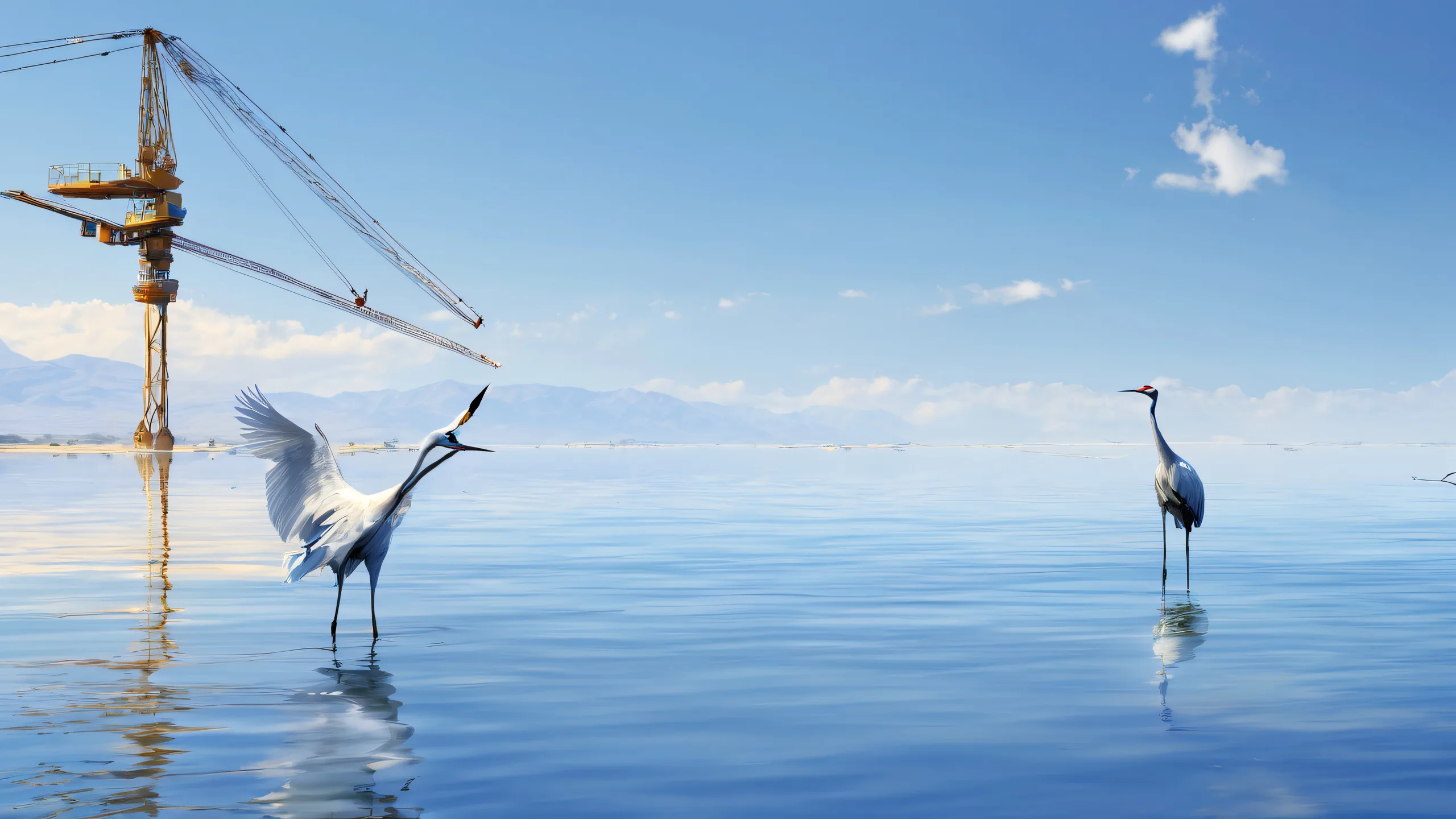 A beautiful desktop wallpaper of cranes against a pure void background with shallow water and river, suitable for desktop or PC.