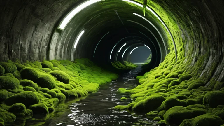 Desktop/PC wallpaper featuring creature emergence from a pristine void with moss-covered concrete sewer tunnel background, for screen readers.