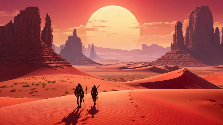 Ethereal crimson desert landscape with video game characters on a perfectly clean desktop/PC background.