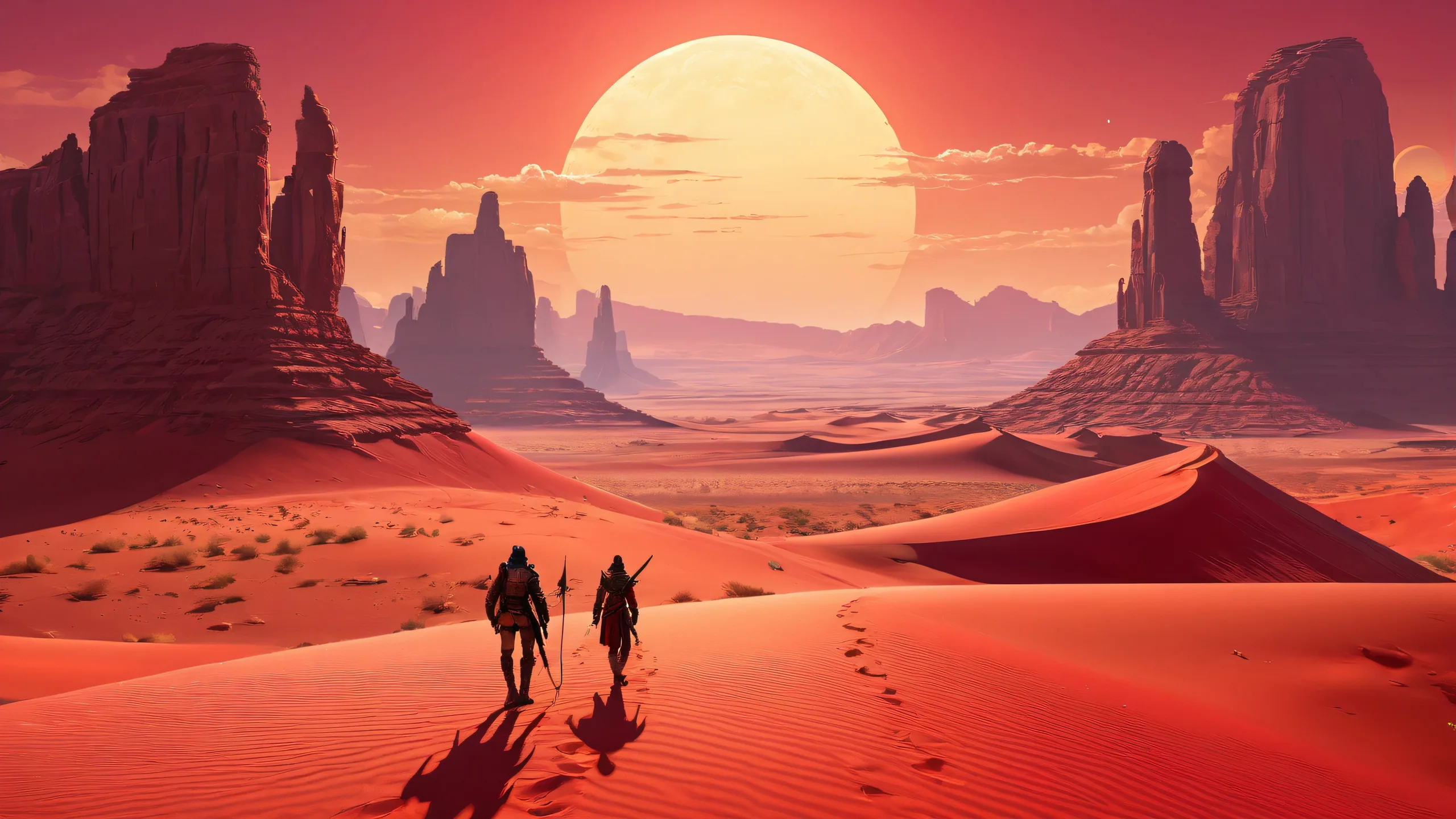 Ethereal crimson desert landscape with video game characters on a perfectly clean desktop/PC background.