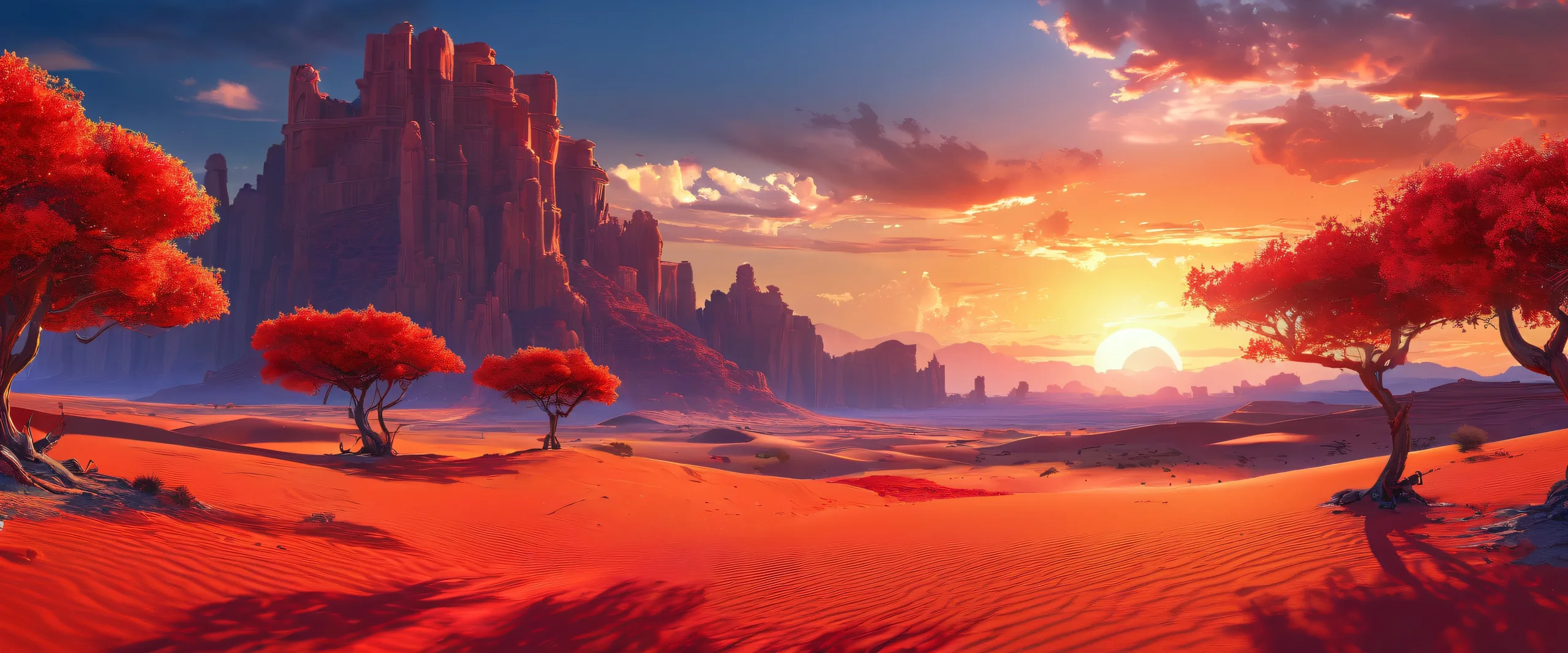 A breathtaking crimson desert landscape on a clean desktop/PC, featuring towering trees and majestic architecture, with a brilliant sun setting behind the clouds.