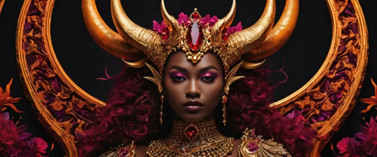 Breathtaking desktop wallpaper of Horned Queen in a pristine void with crumbling structures and vibrant colors. Suitable for Desktop/PC.