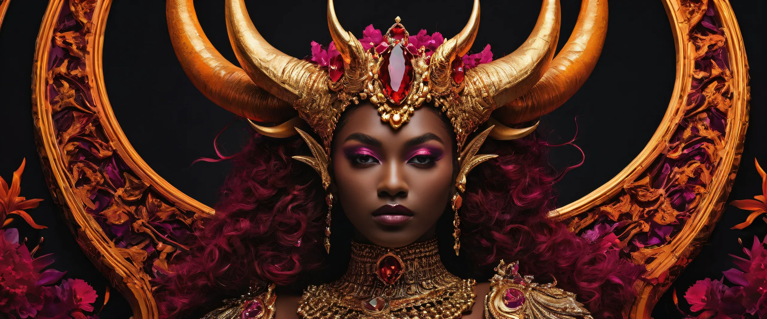 Breathtaking desktop wallpaper of Horned Queen in a pristine void with crumbling structures and vibrant colors. Suitable for Desktop/PC.