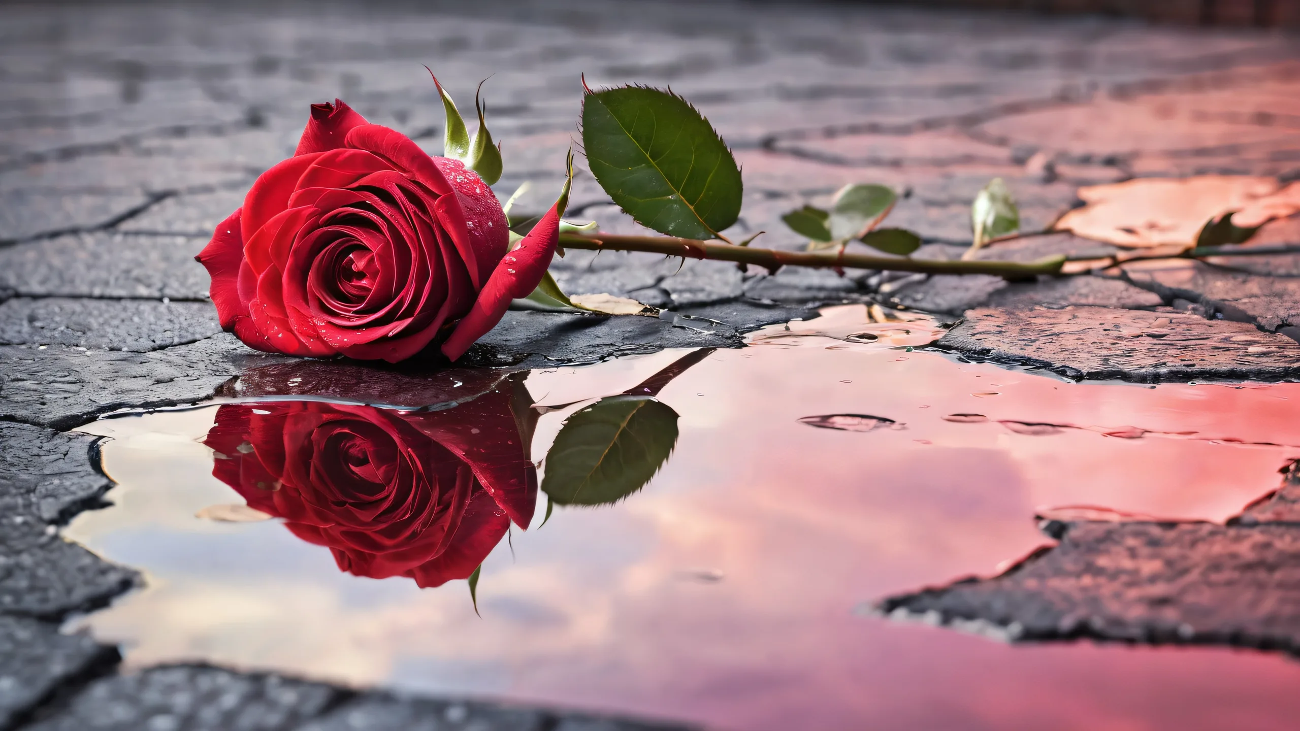 A breathtaking rose amidst wet cracked pavement and puddles on a pristine desktop/pc background.