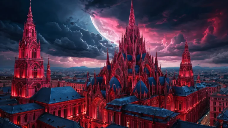 Towering architecture of a gothic cathedral against a stormy night sky with crimson red glow, perfect for desktop or PC.