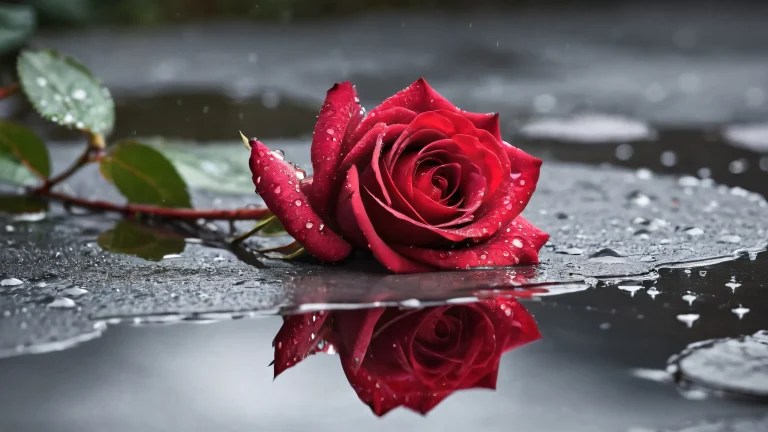 Breathtaking desktop wallpaper of crimson rose in a pure void with rain and puddles, ideal for Desktop/PC