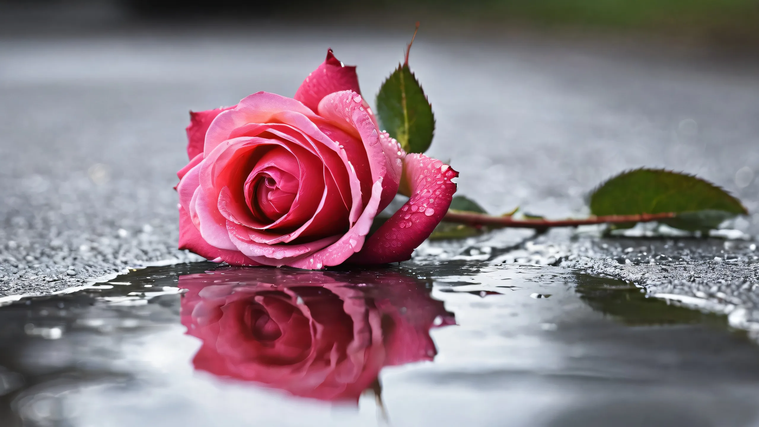 A crimson rose stands perfectly clean in a vast pure void on desktop or PC, surrounded by wet pavement and puddles reflecting its hue.