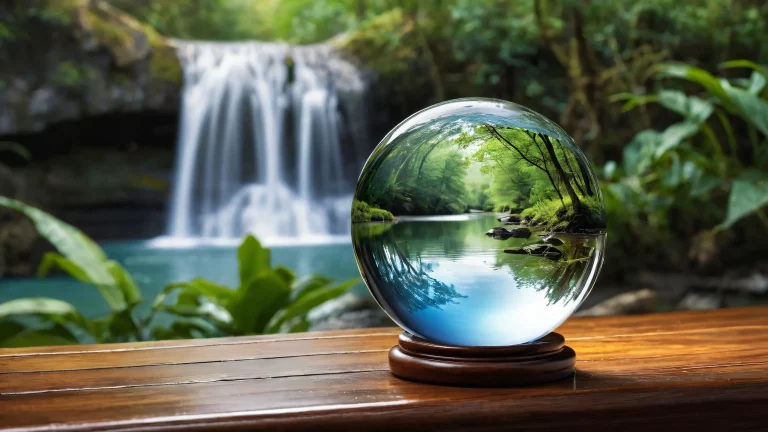 Waterfall desktop wallpaper with wooden table and crystal ball on a pristine void background, suitable for Desktop/PC.