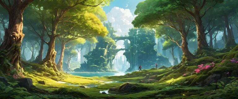 Cube forest desktop wallpaper with soft ethereal sunlight and depth of field on a PC or Desktop