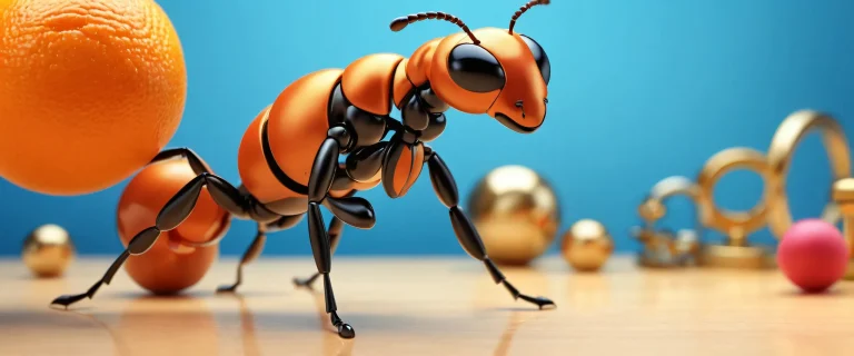 A desktop wallpaper of a cute ant bodybuilder standing in front of a pristine void, with miniature gym props and whimsical humor elements. Suitable for desktop/PC use.